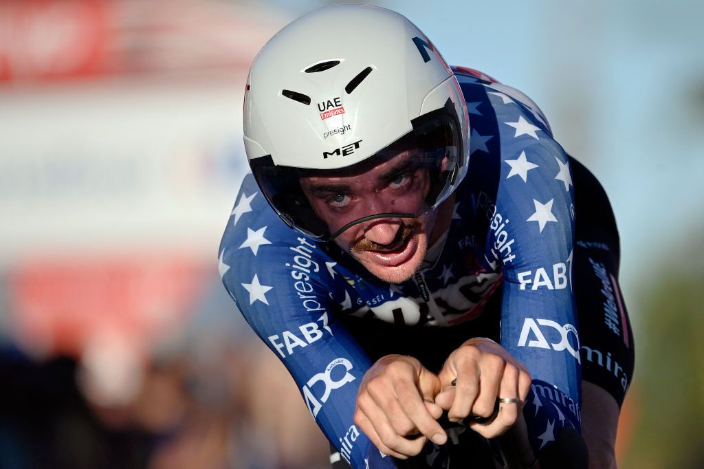 Team UAE's Brandon McNulty competes in the stage 1 of La Vuelta a Espana cycling tour, a 12 km time-trial race from Lisbon to Oeiras, on August 17, 2024. (Photo by MIGUEL RIOPA / AFP)