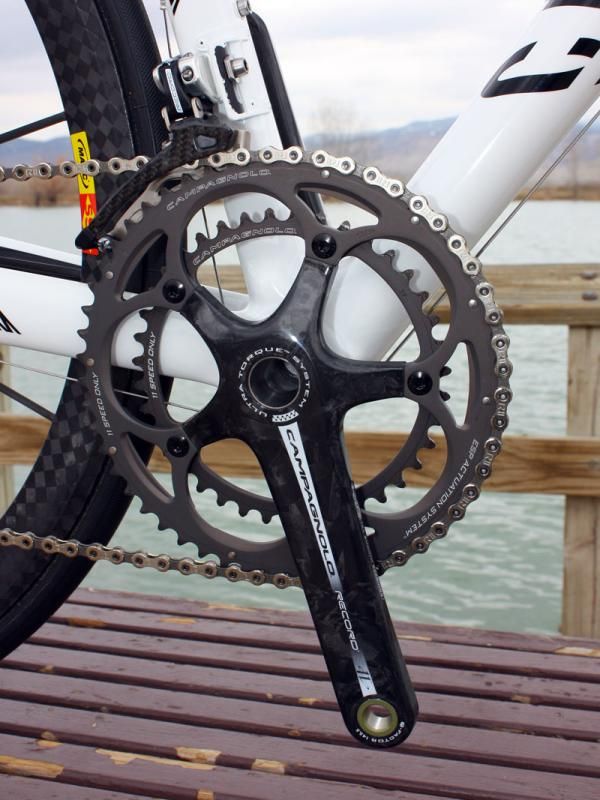 Campagnolo's Record Ultra-Torque crankset is one of the smoothest options out of the box with low-friction bearings and silky-smooth shifting