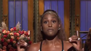 A close up of Issa Rae doing her monologue on SNL