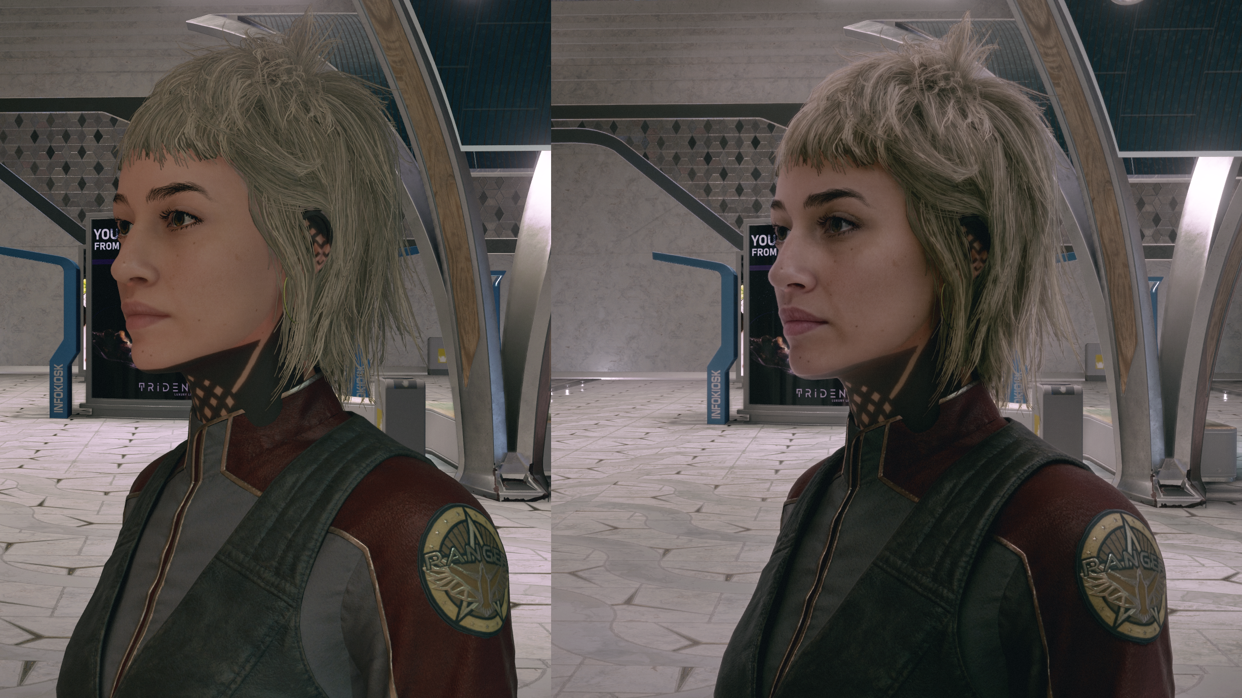 A Starfield character with and without Nvidia's DLSS 5.