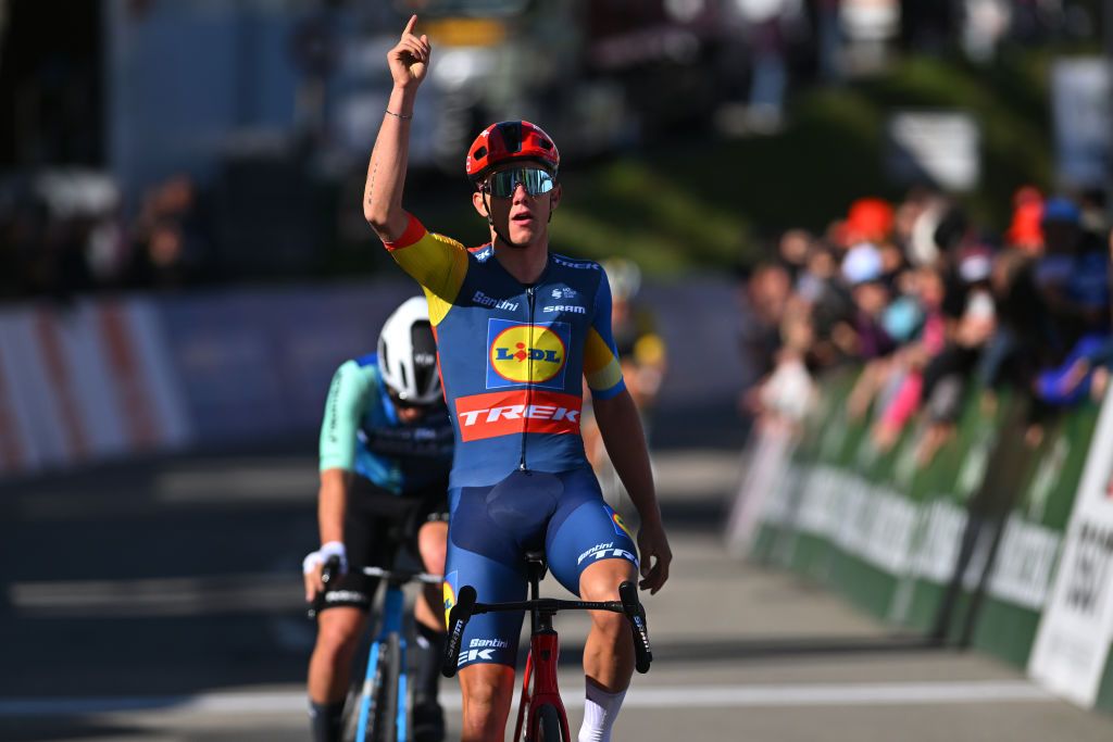 SALVANLES MARECOTTES SWITZERLAND APRIL 25 Thibau Nys of Belgium and Team Lidl Trek celebrates at finish line as stage winner during the 77th Tour De Romandie 2024 Stage 2 a 171km stage from Fribourg to SalvanLes Marecottes 1059m UCIWT on April 25 2024 in SalvanLes Marecottes Switzerland Photo by Luc ClaessenGetty Images