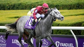 Jockey Tyler Gaffalione rides Caravel to win the Breeders' Cup Turf Sprint in last year's Breeder's Cup
