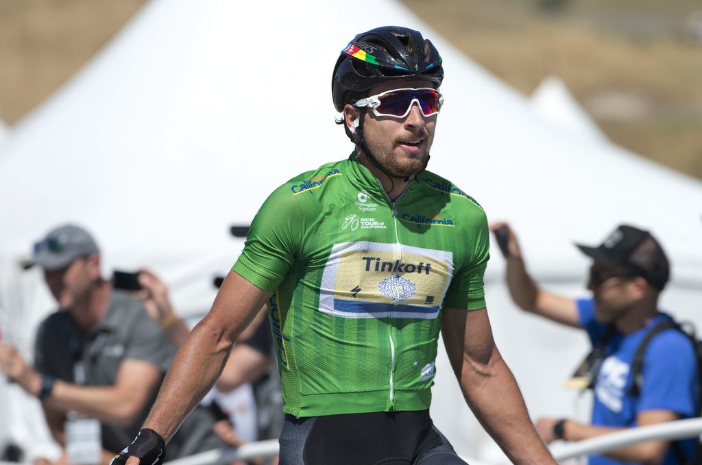Peter Sagan celebrates his victory while wearing the green jersey