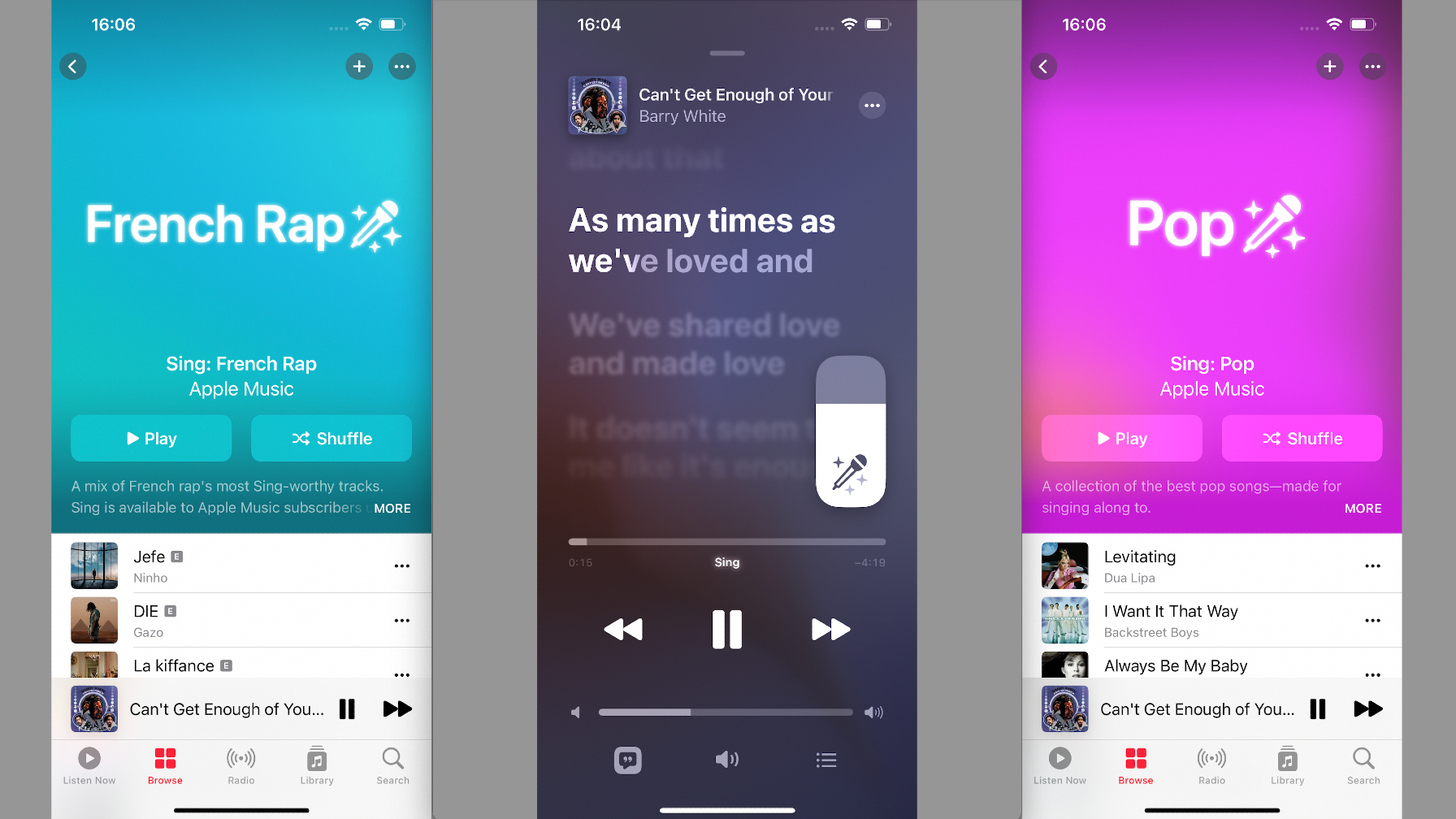 Apple Music Sing screenshots on gray background
