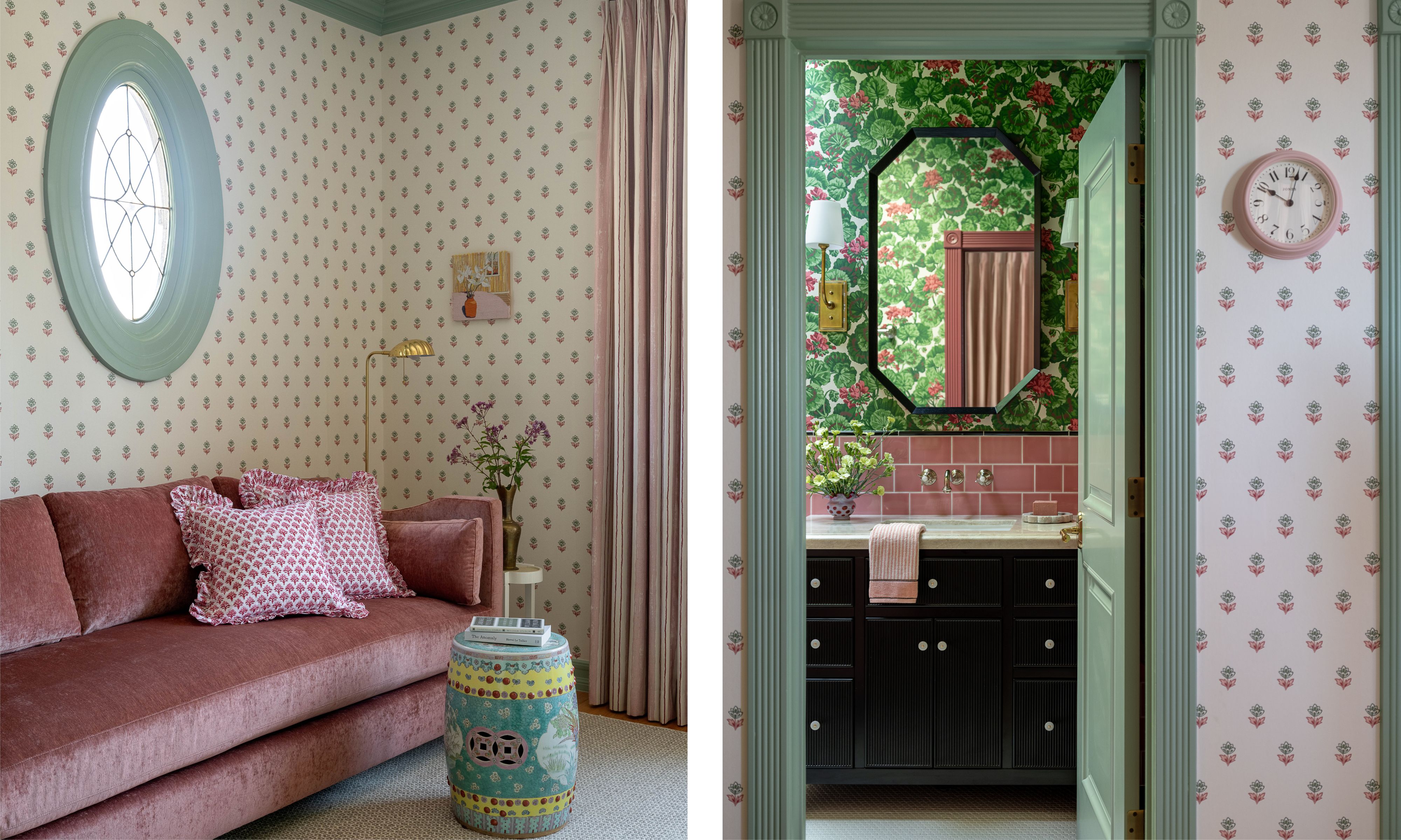 Split image: On the left, a mauve velvet sofa against small-print wallpaper with an oval window; on the right, a doorway opens to a bathroom with dramatic green and pink floral wallpaper and subway tile.