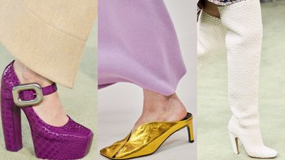 pink block heel and gold kitten heel on the runway