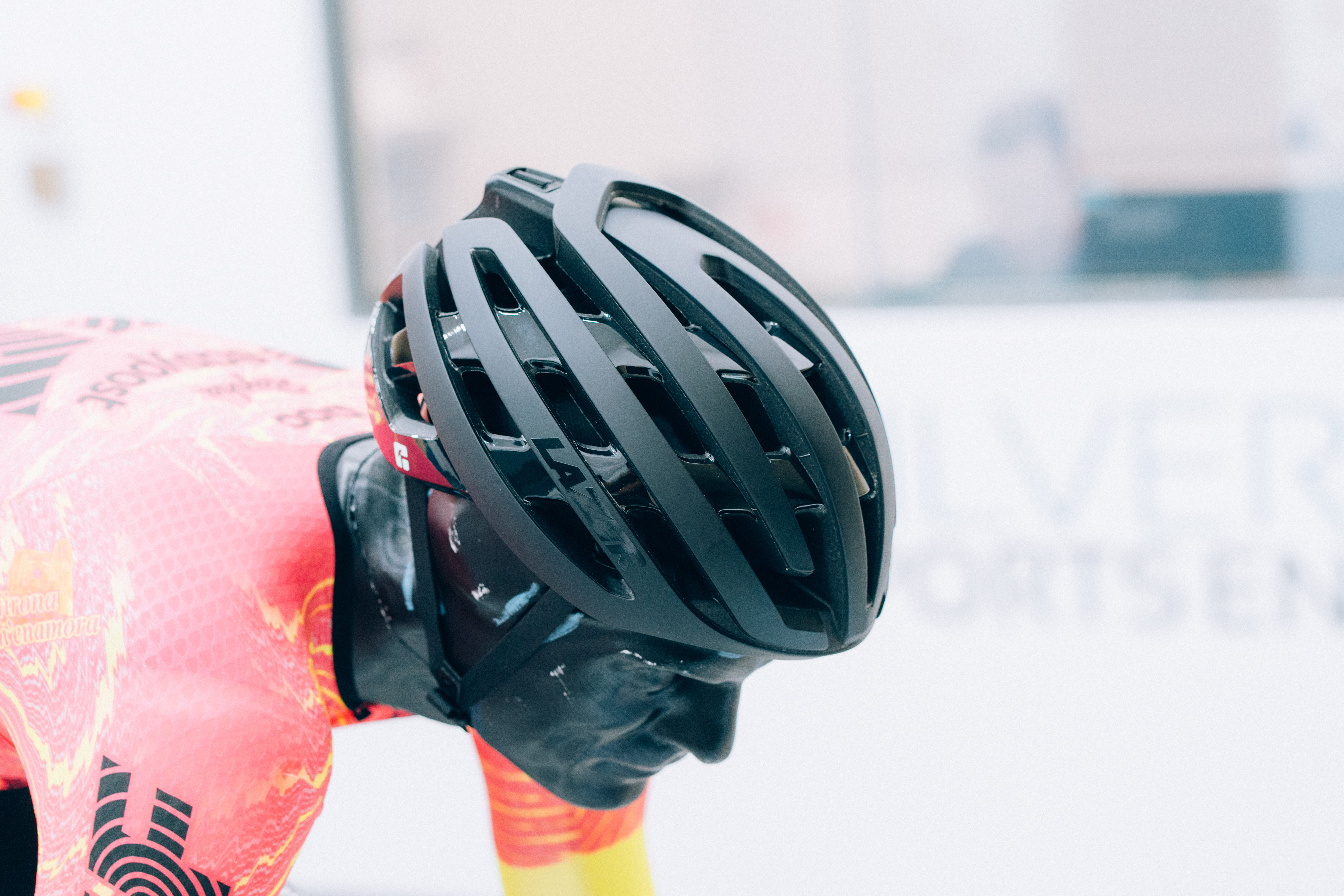 A close up of helmets being tested in the wind tunnel