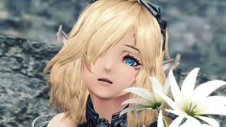 A blonde Xenoblade Chronicles X character looks to the camera, two white flowers in front of her.