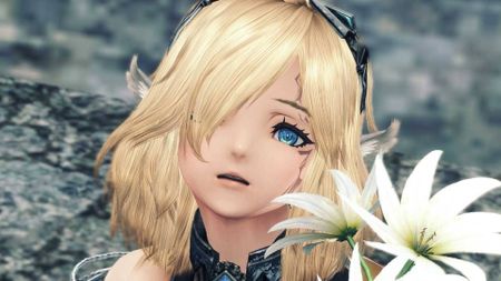 A blonde Xenoblade Chronicles X character looks to the camera, two white flowers in front of her.