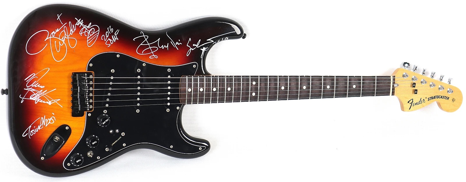 A Fender Stratocaster signed by all five Generation Axe guitarists
