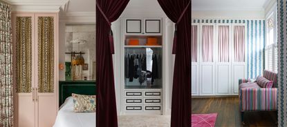 Three examples of curtain closet ideas, leopard print curtains with pink closet, velvet purple drapes, white wardrobe with pink curtain panels.