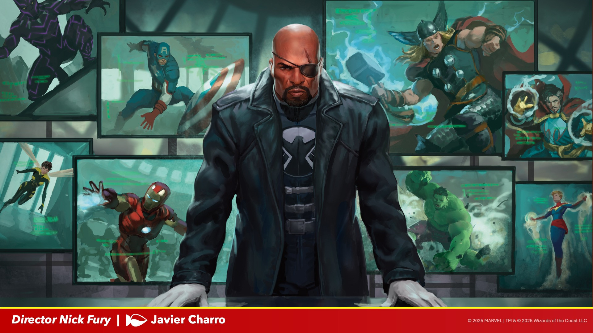 MTG Marvel Super Heroes artwork featuring Nick Fury with a group of screens showing superheroes behind him