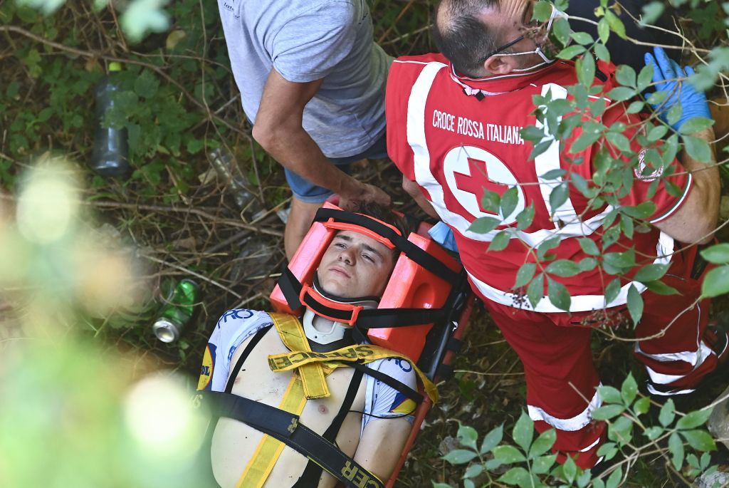 Remco Evenepoel was put in a neck brace to be safely taken out of the ravine to an ambulance