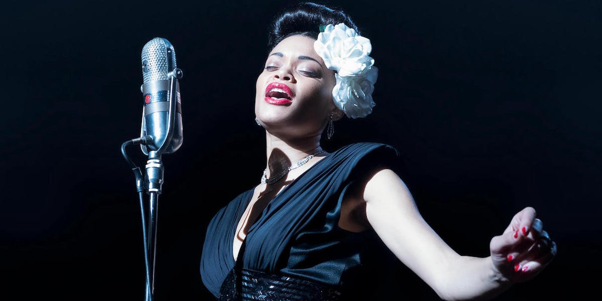 Andra Day performing a song as Billie Holiday in The United States vs. Billie Holiday