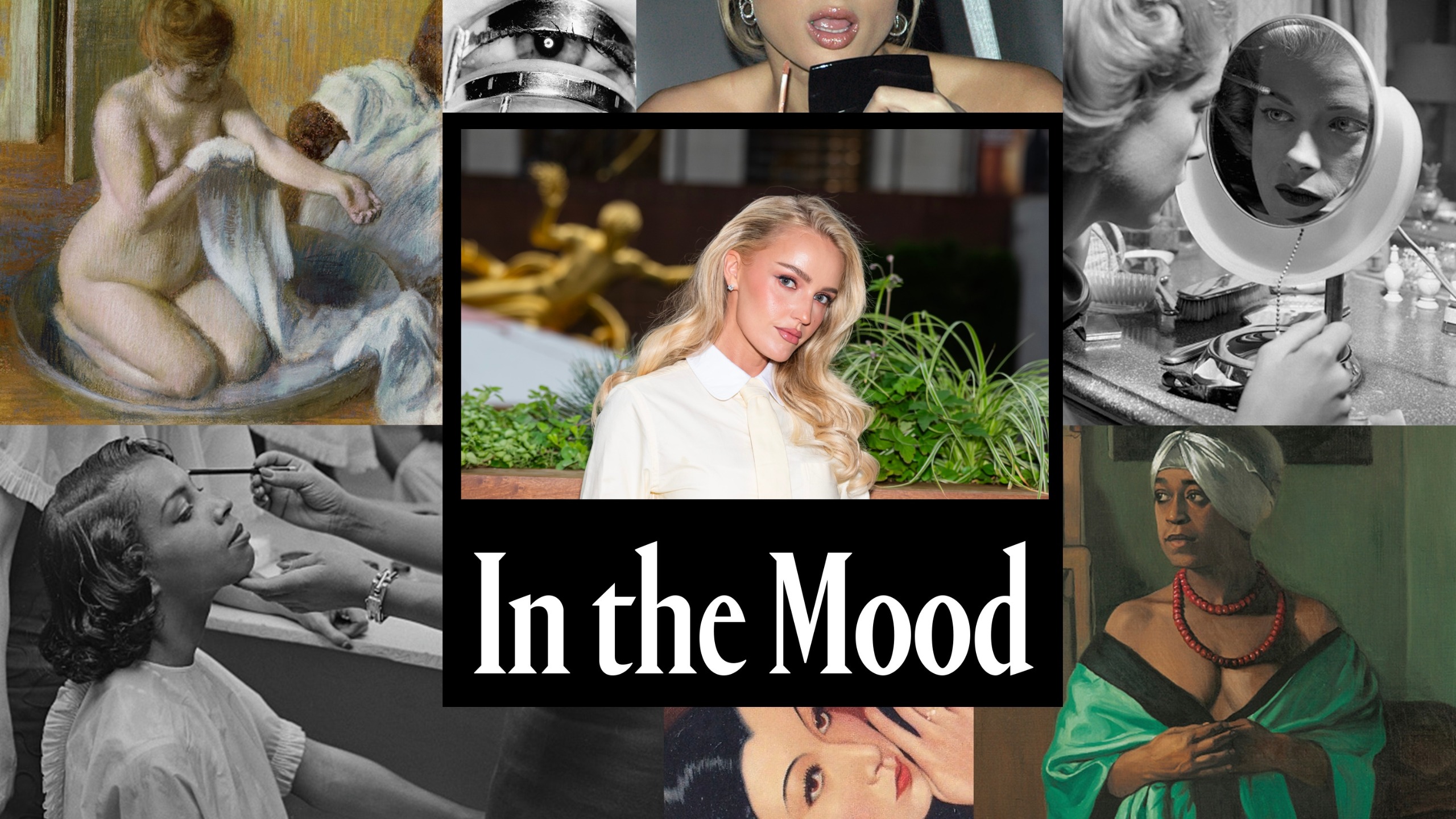 morgan riddle blonde hair blue eyes in a white top on in the mood background