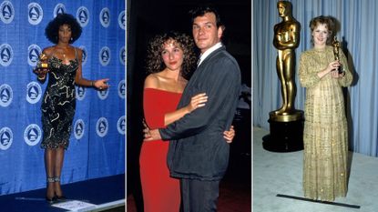 a composite of the best red carpet looks of the 80s featuring Whitney Houston, Jennifer Grey and Patrick Swayze and Meryl Streep