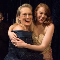 Meryl Streep and Emma Stone backstage at the Academy Awards
