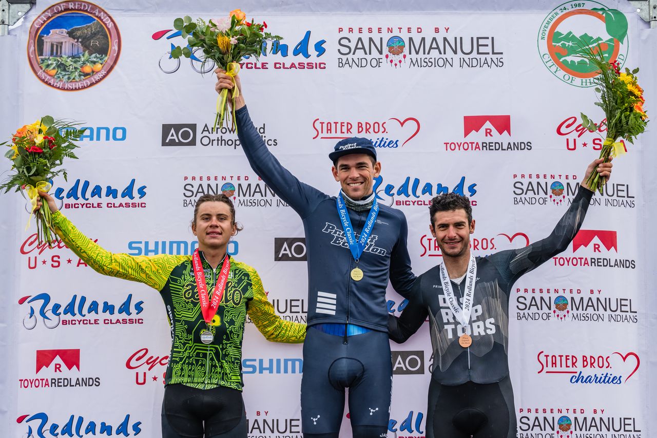 Stage 5 men's podium at 2024 Redlands Bicycle Classic