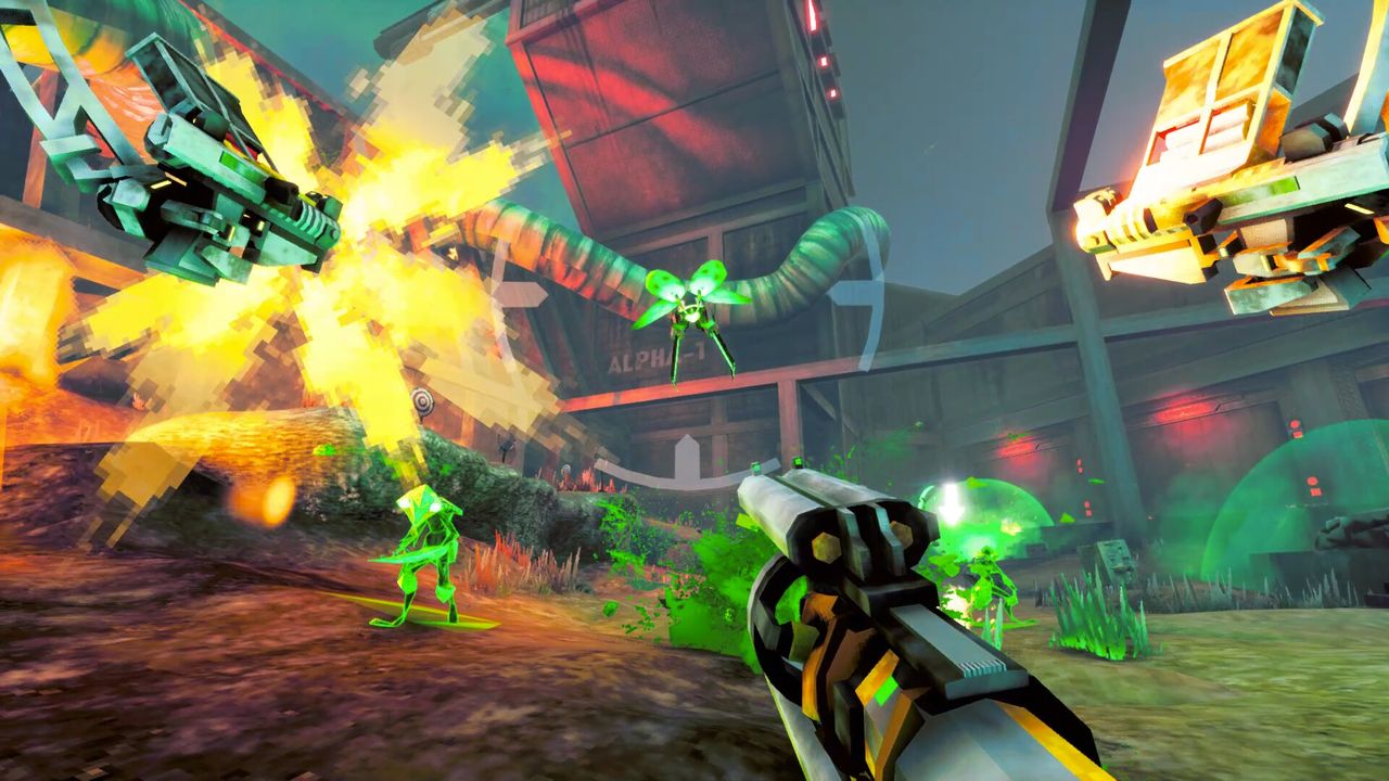 first person view firing weapons at floating insects in front of warehouse with sign reading "Alpha-1"