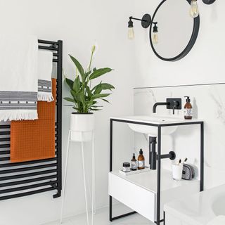 bathroom with black towel rail, potted plant and mirror
