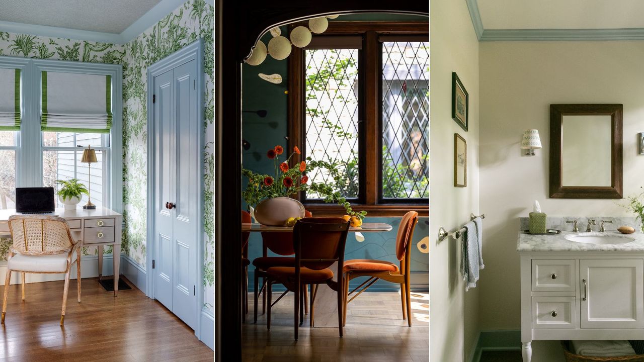 home office with blue doors and trim and green floral wallpaper, dark dining room, neutral bathroom with blue trim