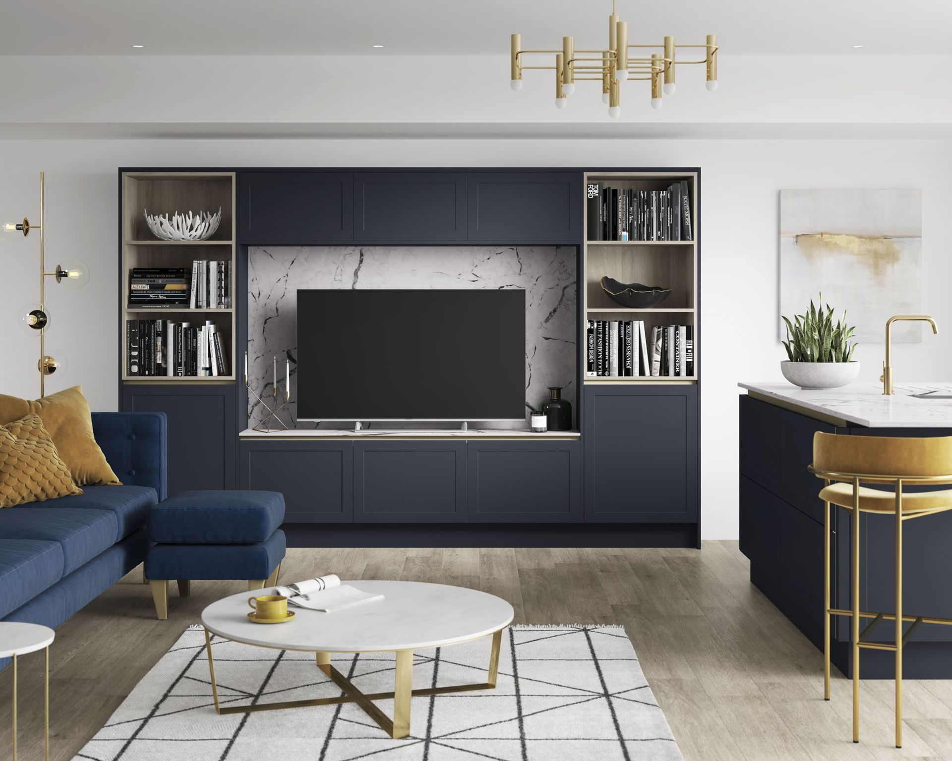An example of how to plan living room lighting by Benchmarx Kitchens with gold accessories and dark blue sofa and cabinets.