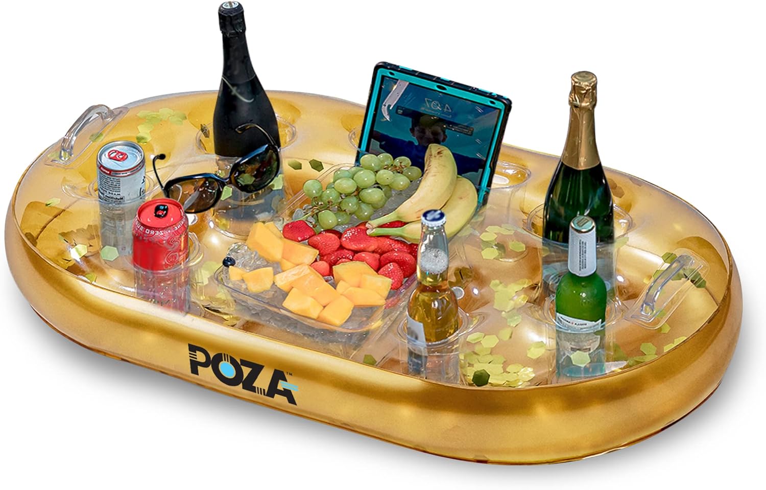 A metallic gold Poza floating cooler filled with drinks and fruit