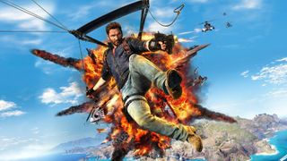 Rico Rodriguez in Just Cause springt mit dem Fallschirm vor einer Explosion ab