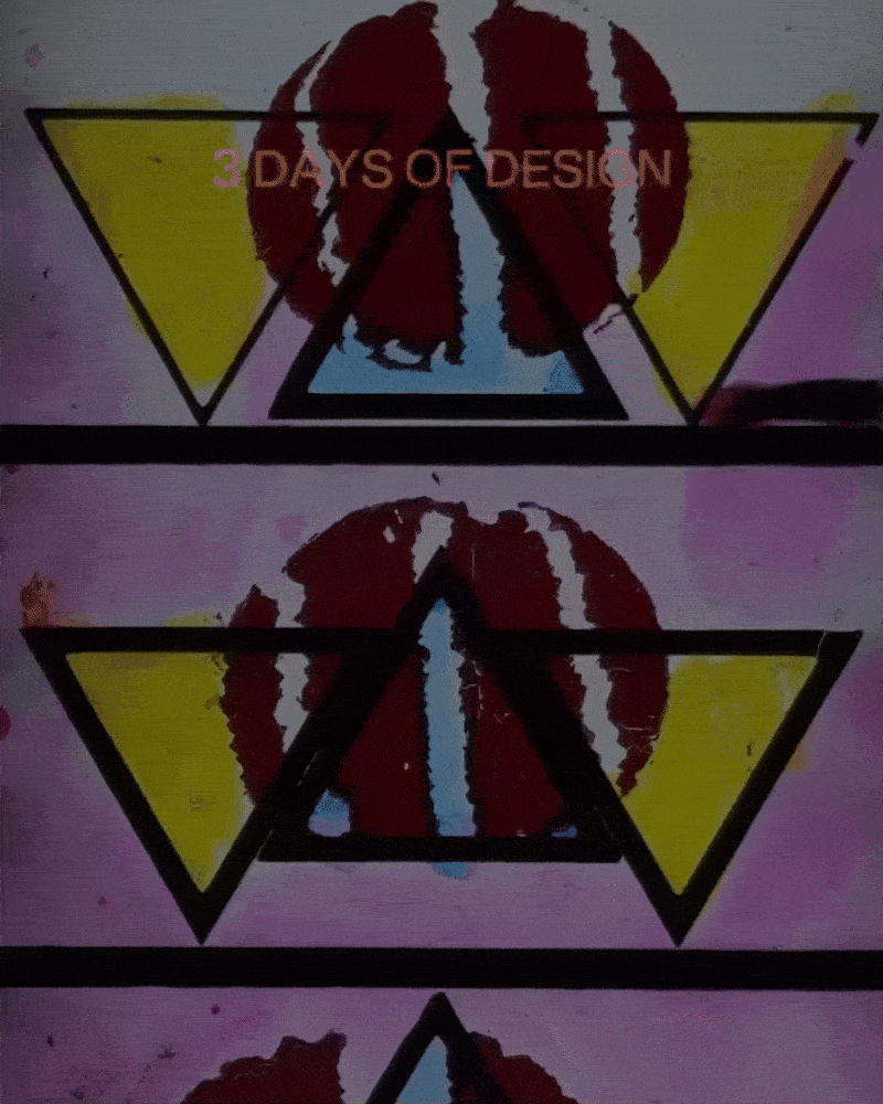 A rotating gif promoting a design exhibition features vintagy visuals in colorful, geometric patterns depicting various types of lamps and white overlaid text.