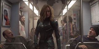 Brie Larson as Carol Danvers aboard train in Captain Marvel