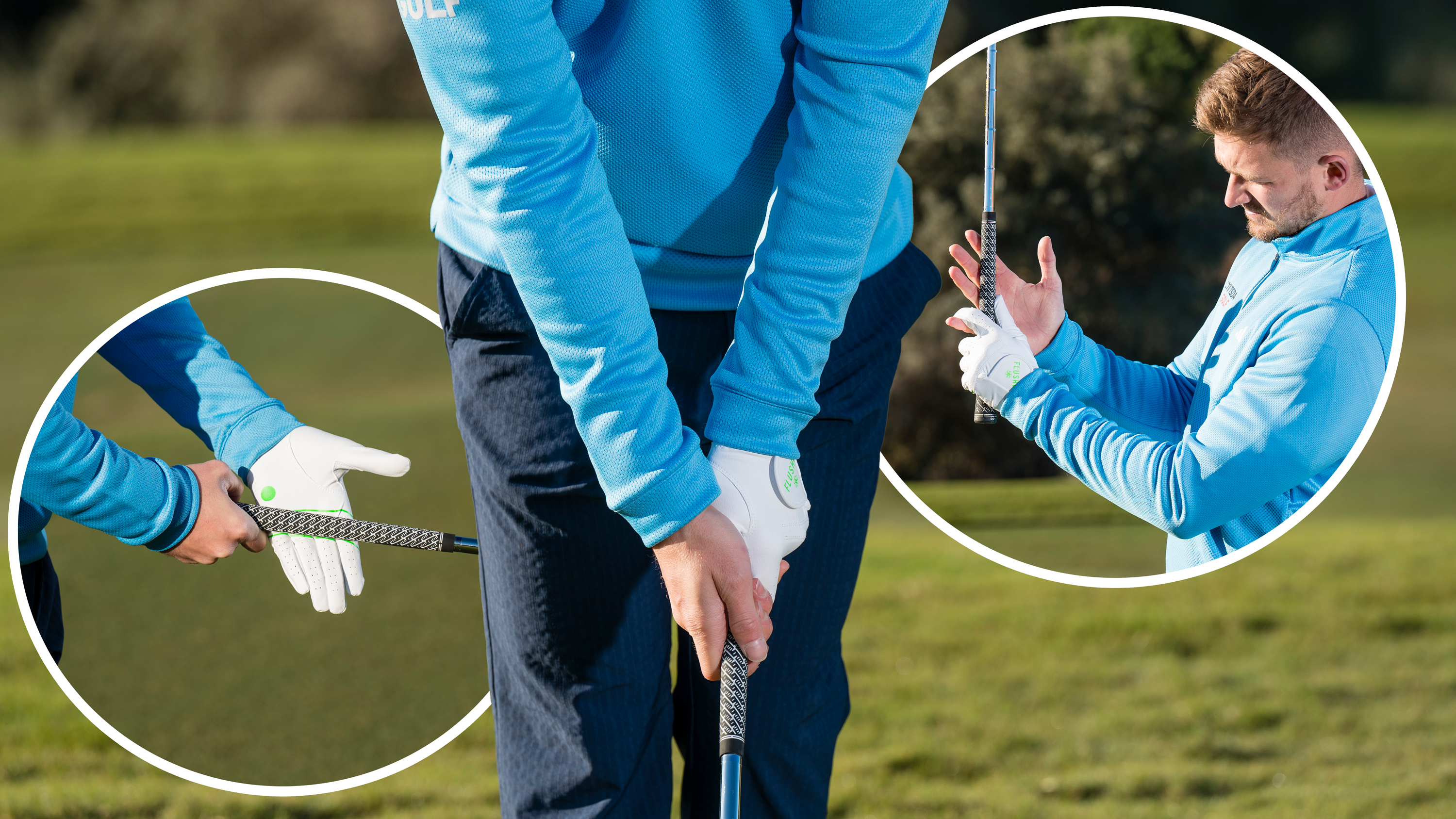 A close up of the perfect golf grip, being demonstrated by Top 50 Coach Alex Elliott, with inset images of Alex demonstrating the step by step process to achieve the perfect golf grip with position of left and right hand on the club