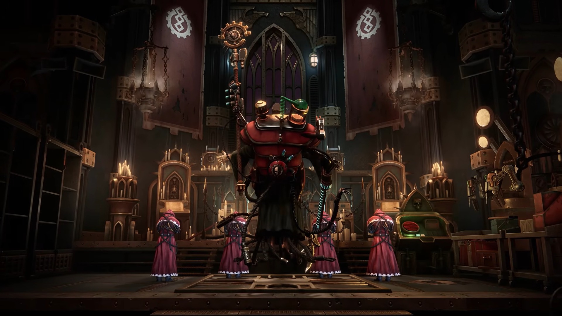 Trailer screenshot of a group of tech-priests chanting in prayer of their lead priest floats in the air, praising their god known as the Omnissiah.