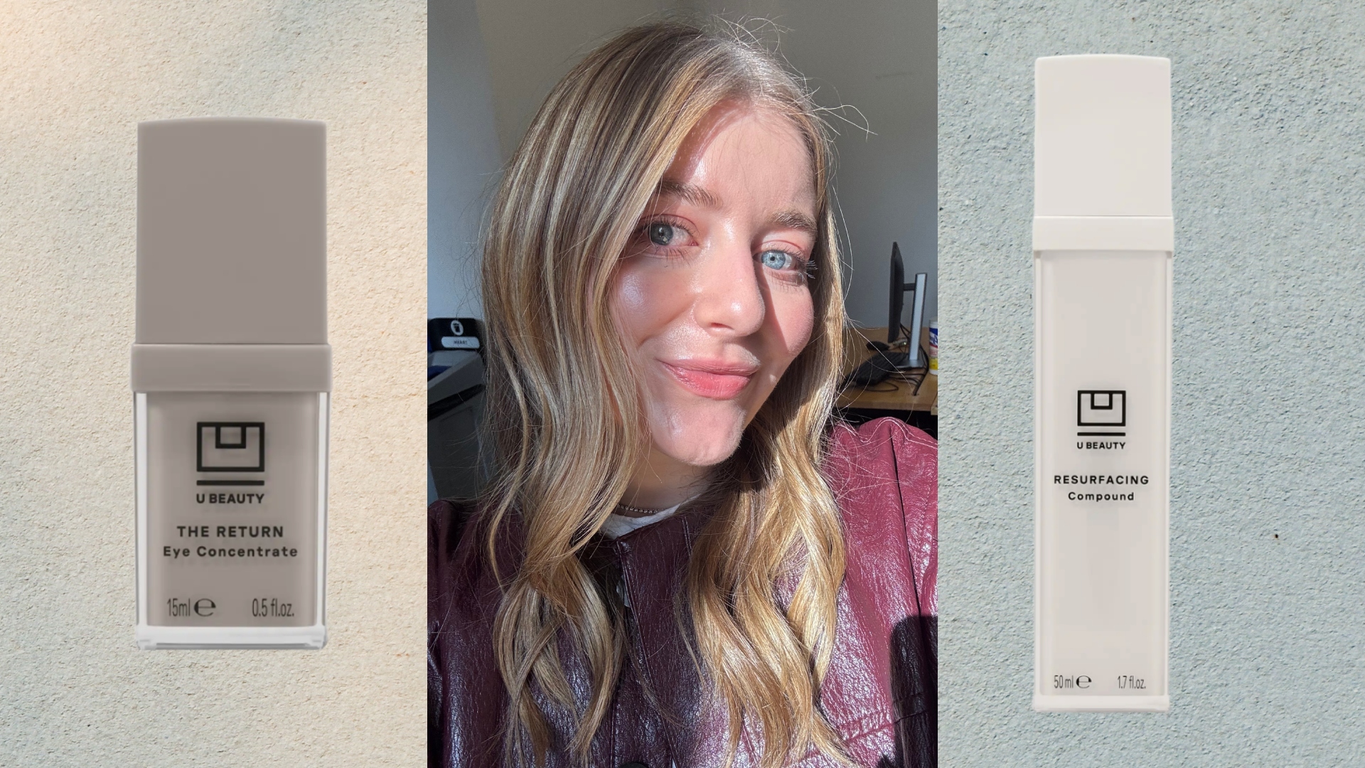 samantha holender taking a selfie on a gray background next to two u beauty products