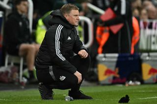 Newcastle United's English head coach Eddie Howe looks on during the English Premier League football match between Newcastle United and West Ham United at St James' Park in Newcastle-upon-Tyne, north east England on November 25, 2024.