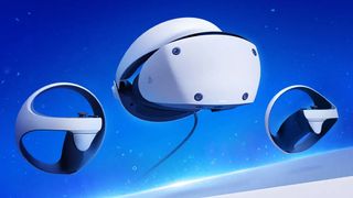 A PSVR 2 headset against a wavy blue background