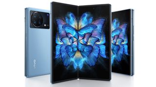 Three views of the Vivo Z Fold from the back and front, folded and unfolded