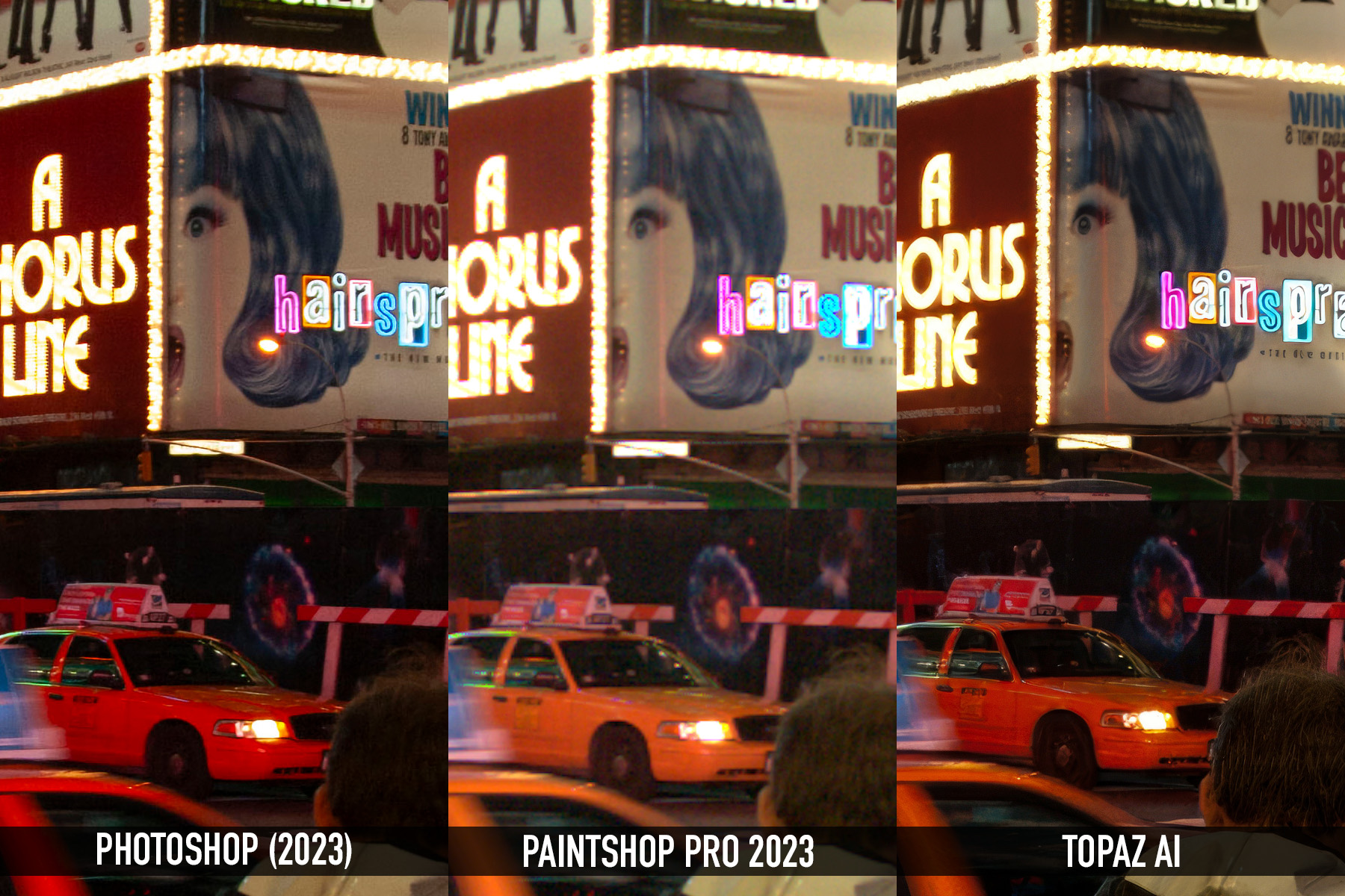 A comparison of the AI Upscaling features of Adobe Photoshop, Corel PaintShop Pro 2023 and Topaz AI
