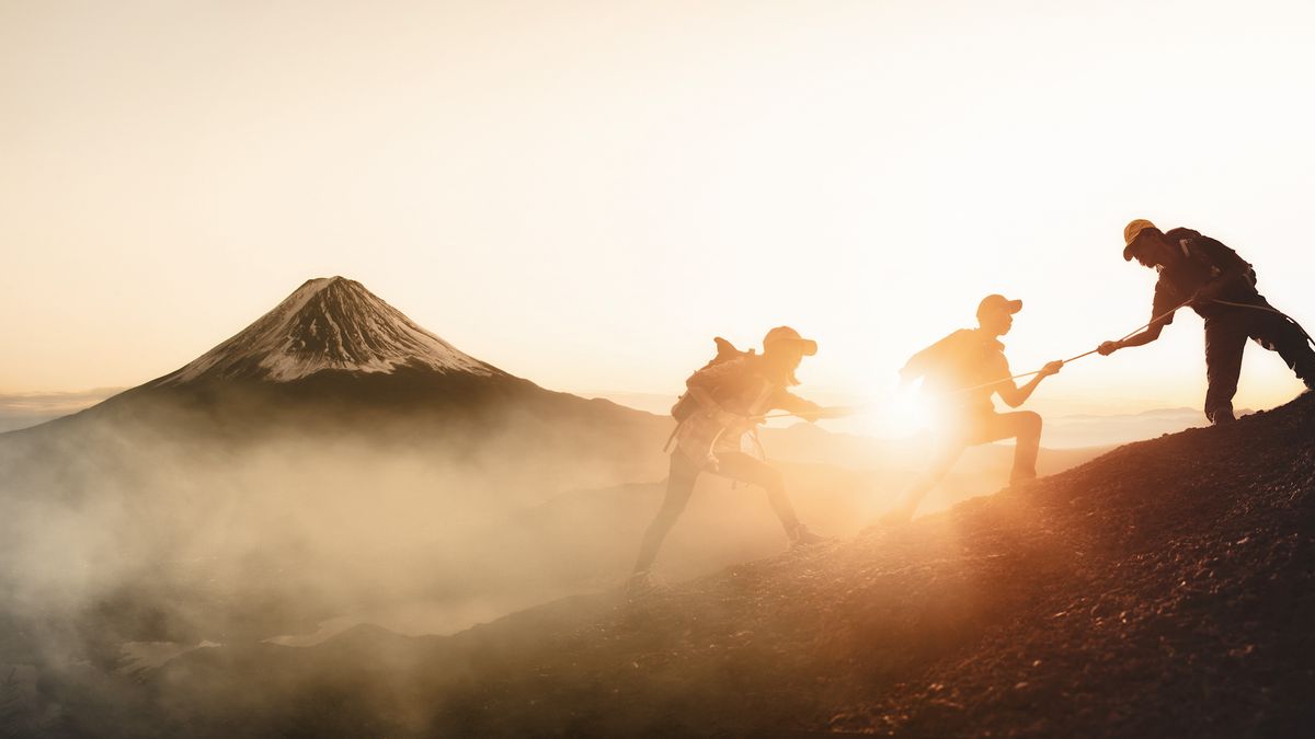 Hikers with Mount Fuji in the distance