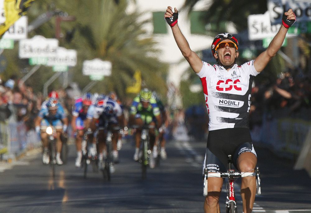 Fabian Cancellara (Team CSC) celebrates, on March 22, 2008 as he crosses the finish line of the 99th Milan-San Remo