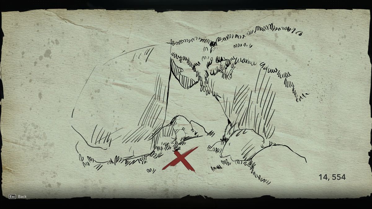 Black Flag treasure maps: A hand-drawn clue for the Sacrifice Island (Preserved) treasure map.