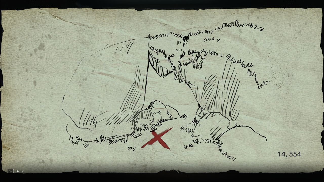 Black Flag treasure maps: A hand-drawn clue for the Sacrifice Island (Preserved) treasure map.