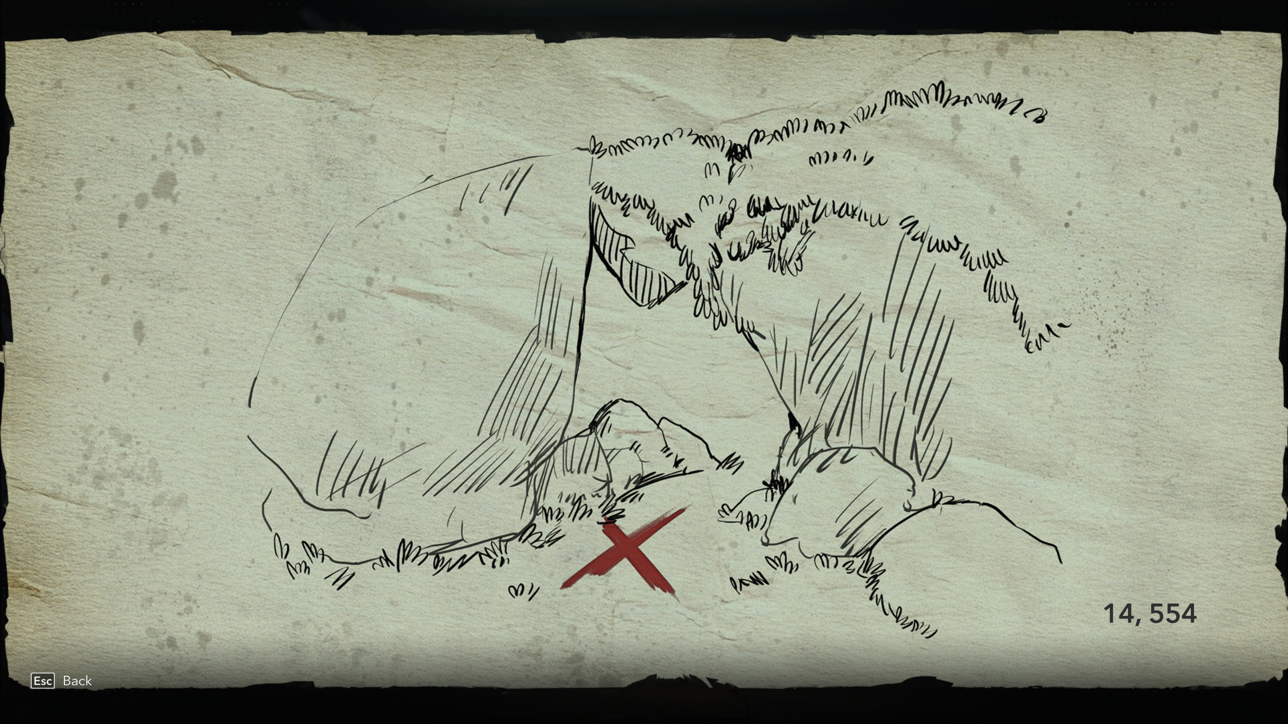 Black Flag treasure maps: A hand-drawn clue for the Sacrifice Island (Preserved) treasure map.