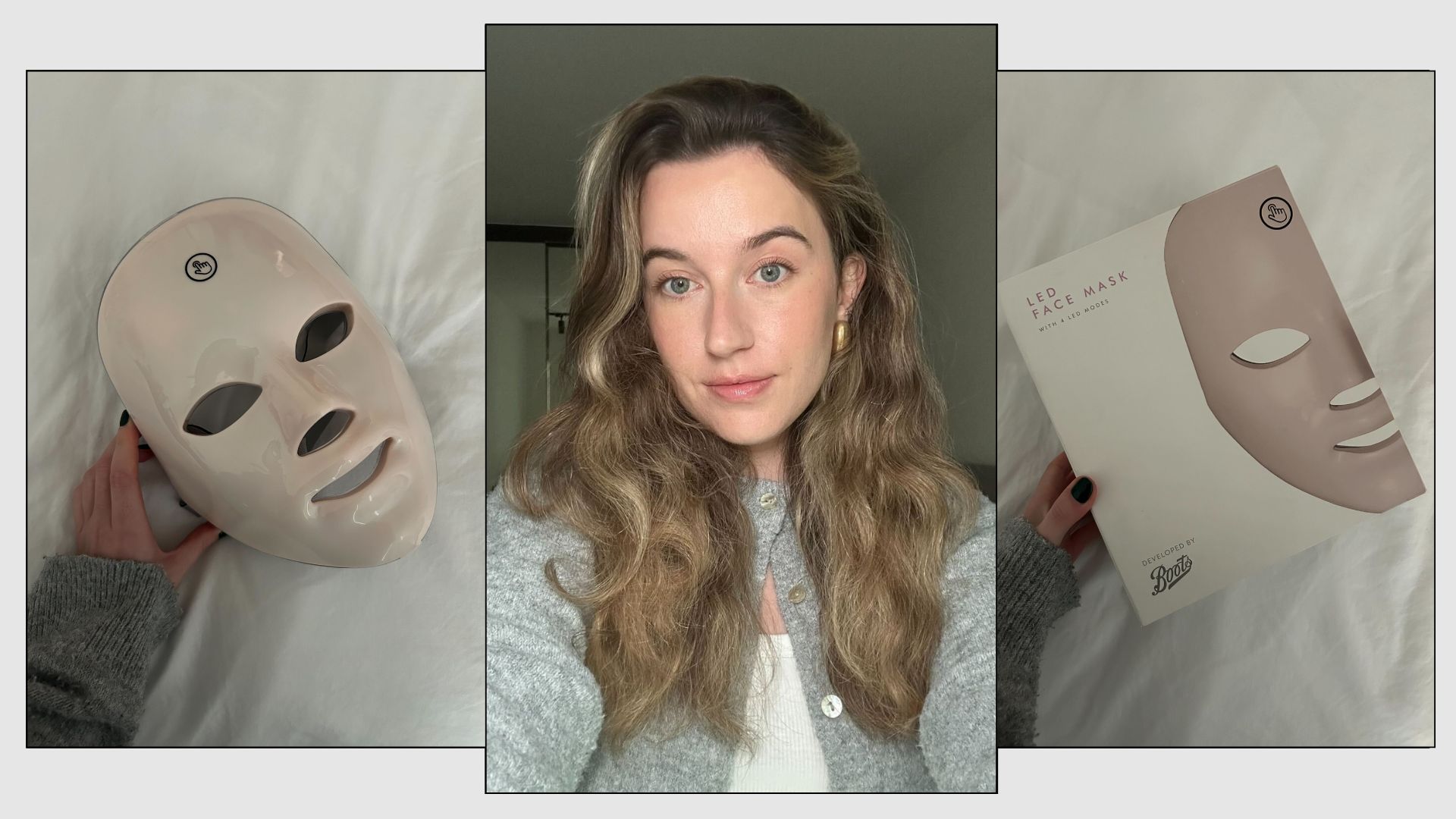 A collage of the Boots LED mask