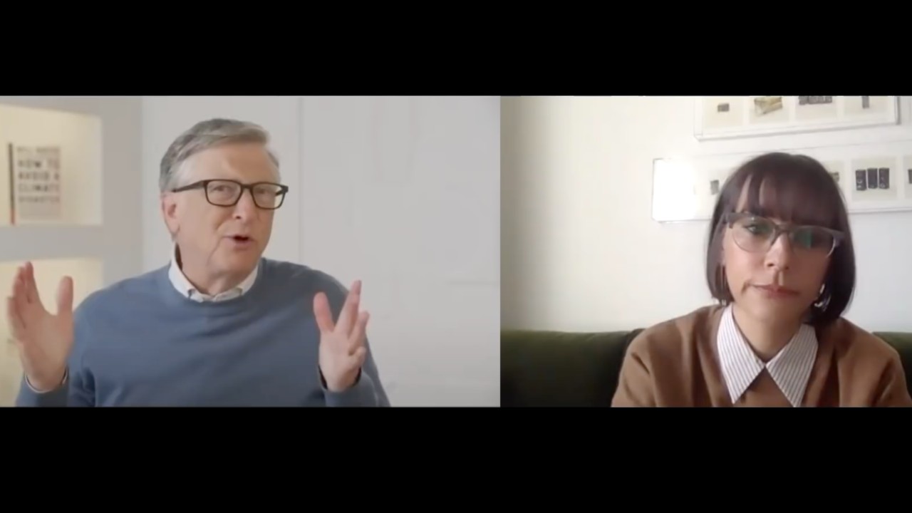 Rashida Jones and Bill Gates in conversation on a zoom call.