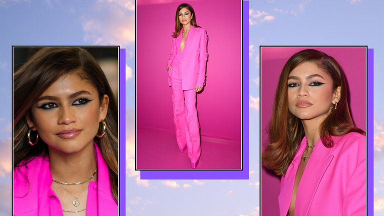 Collage of Zendaya wearing a hot pink suit at the Valentino fashion show 2022