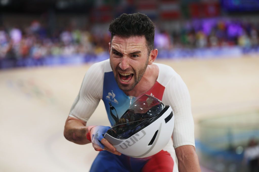 PARIS FRANCE AUGUST 08 Gold medalist Benjamin Thomas of Team France celebrates after the Mens Omnium Points Race 44 on day thirteen of the Olympic Games Paris 2024 at SaintQuentinenYvelines Velodrome on August 08 2024 in Paris France Photo by Jared C TiltonGetty Images