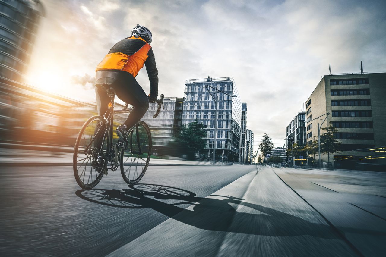 Image shows a rider completing a workout while cycle commuting to work.