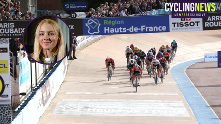 Cat Ferguson (circled) alongside the Paris-Roubaix velodrome