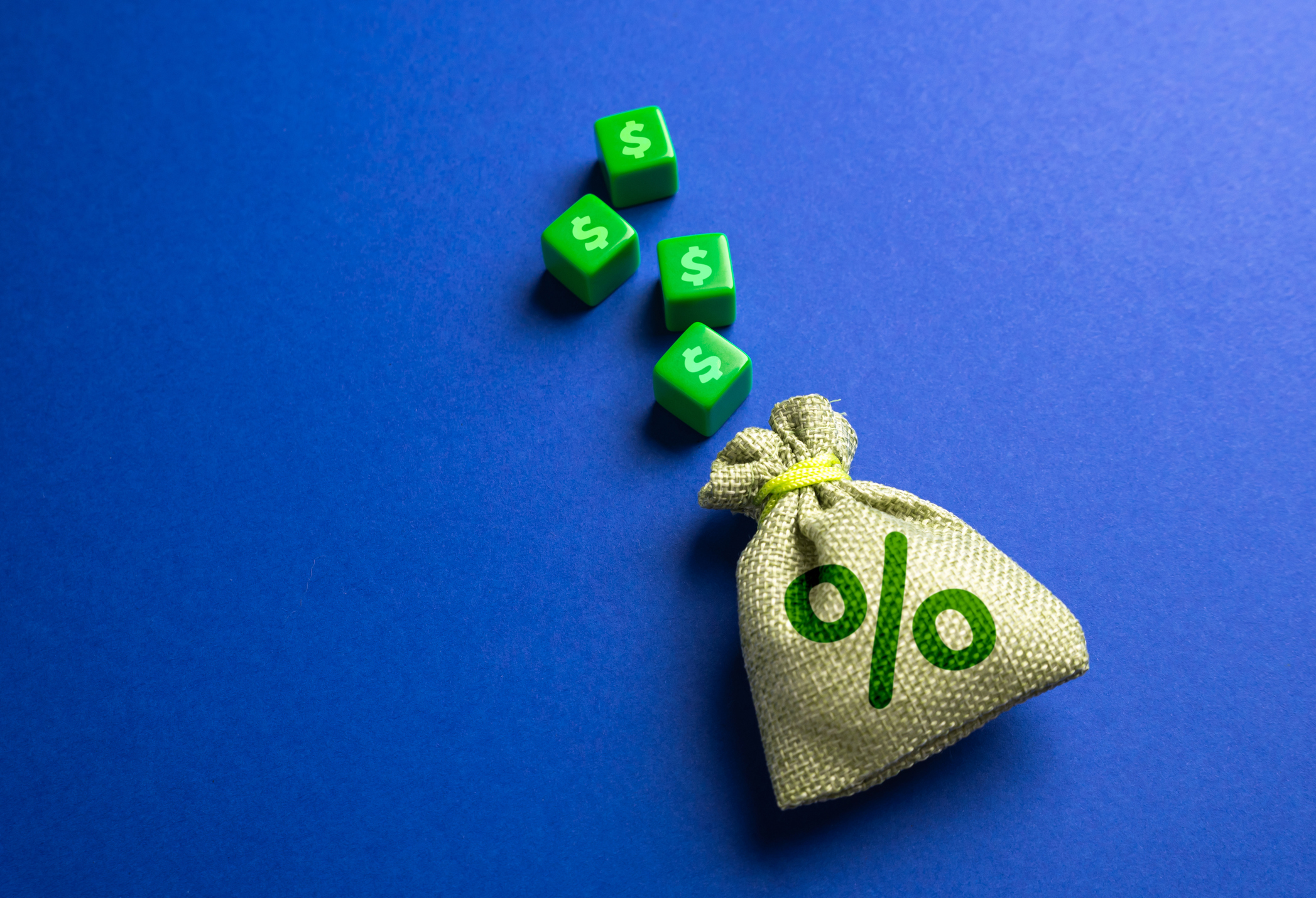 Money bag with interest and blocks with dollar symbols.