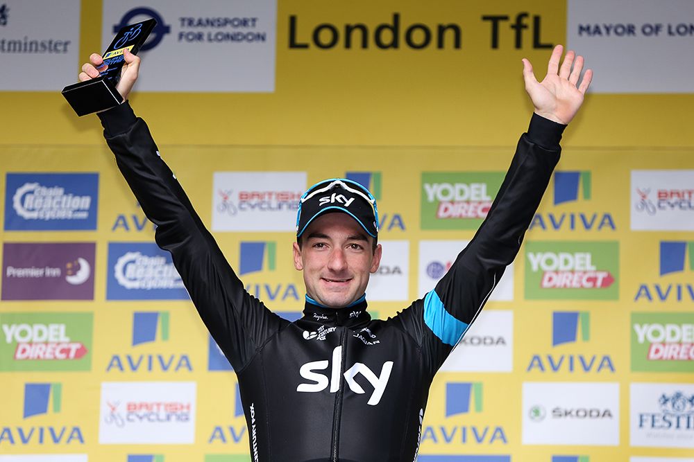 Elia Viviani on the stage 8 podium.